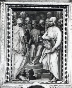 Cosimo de Medici sitter blant filosofer og kunstnere i Sala di Cosimo il Vecchio av Giorgio Vasari