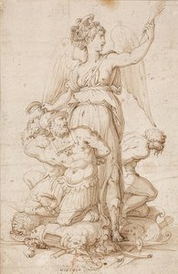 Bevinget Victoria med en palmegren og tre fanger som kneler på trofeer. Rundt 1540 av Giorgio Vasari