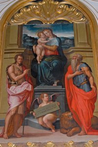 Madonna og barn mellom St John Baptist og St Jerome, maleri av Giorgio Vasari, kirke i Camaldoli kloster, Camaldoli, Toscana, Italia av Giorgio Vasari