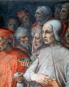 Marsilio Ficino flankert av Paolo del Pozzo Toscanelli, detalj av Cosimo den eldste blant filosofer og kunstnere av Giorgio Vasari