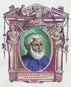 Portrett av Andrea Pisano (1290-1349) italiensk skulptør og arkitekt. Gravering av godbiten "" Livene til de mest utmerkede malere, skulptører og arkitekter "" (Le Vite de' piu eccellenti pittori, scultori e architettori) av Giorgio av Giorgio Vasari