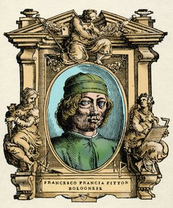 Portrett av Francesco FRANCIA (1450-1517) italiensk maler. Gravering av avhandlingen "" Livene til de mest utmerkede malere, skulptører og arkitekter "" (Le Vite de' piu eccellenti pittori, scultori e architettori) av Giorgio Vasari av Giorgio Vasari