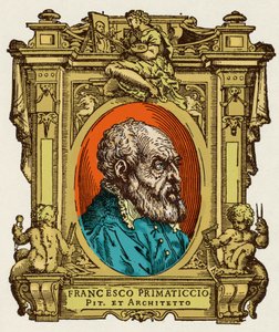 Portrett av Francesco Primaticcio kjent som The Primatice (1504-1570) maler, skulptør og arkitekt. Han var medlem av Ecole de Fontainebleau. Gravering av godbiten "" Livene til de mest utmerkede malere, skulptører og arkitekter "" (Le Vite de