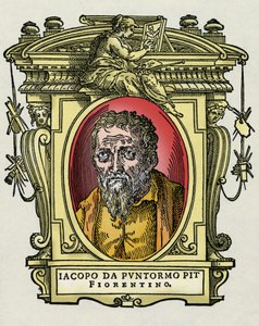 Portrett av Jacopo (Iacopo) Carrucci sa il Pontormo (Pontormo) (1494-1556) italiensk maler. Gravering av godbiten "" Lives of the most excellent painters, sculptors and architects "" (The Lives of the most excellent painters, sculptors  av Giorgio Vasari