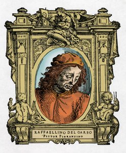 Portrett av RAFFAELLINO DEL GARBO (Raffaellino de Carli) (1466-1525) italiensk maler. Gravering av godbiten "" Livene til de mest utmerkede malere, skulptører og arkitekter "" (The Lives of the Most Excellent Painters, Sculptors and Arc av Giorgio Vasari