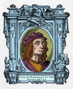Portrett av Raphael (Raffaello Sanzio 1483 - 1520) italiensk arkitekt og maler. Gravering av godbiten "" Livene til de mest utmerkede malere, skulptører og arkitekter "" (Le Vite de' piu eccellenti pittori, scultori e architettori)  av Giorgio Vasari