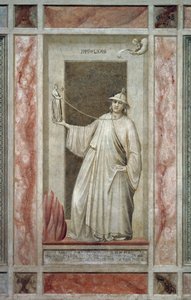 Troløshet (også kalt avgudsdyrkelse), mannlig skikkelse som vender seg bort fra Gud og holder et idol som holder ham bundet i nakken, av Giotto, detalj fra syklusen av freskomalerier The Vices and Virtues, etter restaureringen, Scrovegni Chapel, Padua, Ven