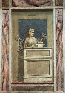 Forsiktighet, kvinneskikkelse som sitter ved et skrivebord, ser på fortiden for å lære av erfaring og leser en bok for å få lære for fremtiden, av Giotto, syklus av fresker The Vices and Virtues, etter restaureringen, Scrovegni Chapel, Padua, Veneto, Itali av Giotto (c.1266 1337)