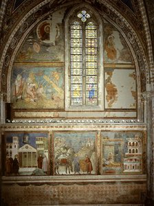 Scener fra livet til St. Francis: Den enkle mannen hedrer St. Francis; St. Frans gir frakken sin til den fattige ridderen; St Francis ser i drømmen et palass fullt av våpen av Giotto (c.1266-1337)