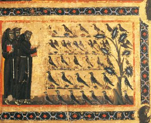 Historier om St. Frans: St. Frans som forkynner for fugler, freskomaleri av Giotto (1267-1337), ca 1325. Bardi-kapellet i Vernio, basilikaen Santa Croce, Firenze. Italia