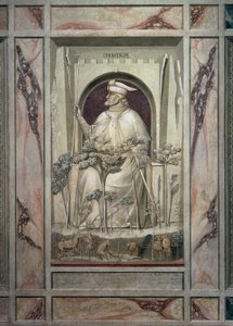 The Injustice, en gammel mann som holder et sverd i hendene mens før ham vokser ondskapens trær, av Giotto, detalj fra syklusen av fresker The Vices and Virtues, etter restaureringen i 2002, Scrovegni Chapel, Padua, Veneto, Italia.