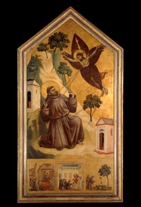 Saint Francois av Assisi mottar stigmaene Tempera på tre av Giotto di Bondone (1266-1337) rundt 1300, søn. 3,13 x 1,63 m. - Stigmataen til St. Frans. Tempera på tre av Giotto di Bondone (1266-1337) rundt 1295-1300. 3,13 x 1,63 m. Museet Louvre,