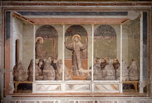 St Francis dukker opp i et kapittel i Arles under predikasjonen til St Anthony of Padua (Fresco av Giotto (c.1266-1337)