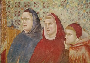 Saint Francis forkynner en preken til pave Honorius III, detalj av tre prelater på høyre side, ca. 1297-99 av Giotto di Bondone