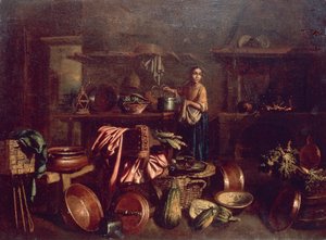 Innvendig kjøkken, av Gian Domenico Valentino (1630-1708) av Giovan Domenico Valentino