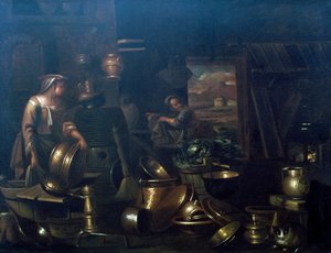 Innvendig kjøkken, av Gian Domenico Valentino (1630-1708) av Giovan Domenico Valentino
