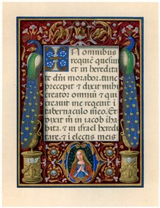 Tekstside med jomfruen og to påfugler, c1490