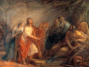 David beroliger Saul med lyden av harpe