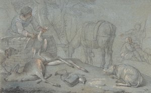 Jegere med dødt vilt i et landskap, 1600-1800. av Giovanni Agostino Cassana
