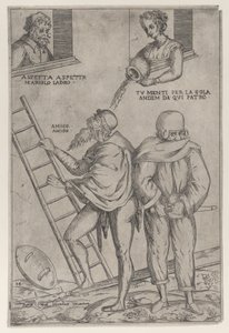 En mann klatrer opp en stige mens en kvinne kaster vann på ham ovenfra, 1575-99.