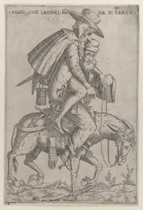 Karikatur med to menn på et muldyr, 1575-99.