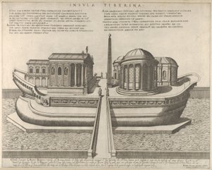 Utsikt over Tiberøya representert som et skip, Aesculapius-tempelet til venstre, 1582., 1582.