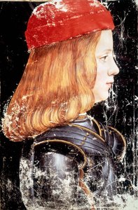 Portrett av Maximilian Sforza (1490 - 1530). Miniatyr av Giovanni Ambrogio De Predis (v. 1455 - 1508).