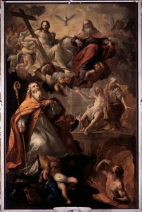 Representasjon av Saint Nicholas of Bari og den hellige treenighet Gud, Jesus Kristus og Den hellige ånds due (Saint Nicholas of Bari og den hellige treenighet) Maleri av Andrea Carlone (1639-1697) Santa Margherita-kirken, Santa Margherita Ligure Italia