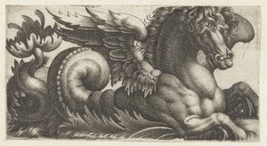 Bevinget sjøhest med et åpent blad i enden av halen hvorfra to pistiller stikker ut Frisere med sjømonstre (serietittel)