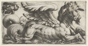 Bevinget sjøokse med fippskjegg Frisere med sjømonstre (serietittel) av Giovanni Andrea Maglioli