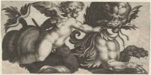 Putto mater et sjømonster med et blad Frisere med sjømonstre (serietittel)