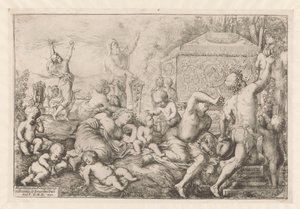 Bacchanal met altaar, faun og Silenus