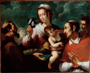 Jomfru og barn med Charles Borromee (Jomfru og barn med den hellige Carlo Borromeo) Maleri av Giovanni Andrea de Ferrari (ca. 1598-1669) Genes, Musei di Strada Nuova (ex Palazzo Bianco)