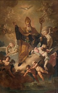 Sør tverrarm, Altar of San Benedetto, Saint Benedict in Gloria mens han velsigner byen, Altertavle av Giovanni Angelo Borroni, San Benedetto in Gloria mens han velsignet byen 1744 av Giovanni Angelo Borroni