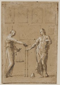 En mann og en kvinne i antikke kostymer, hver med vekt og linjal, foran en vegg med malerier. En veske på gulvet foran mannen av Giovanni Angelo Canini