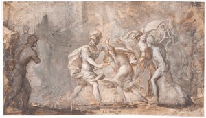 Tarpeia blir knust under sabinernes skjold av Giovanni Angelo Canini