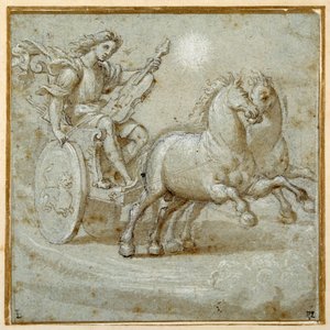 Apollo satt i vognen sin med violen (svart kritt, penn og brunt blekk med brun vask forsterket med hvit kroppsfarge på carta azzurra) av Giovanni Antonio (circle of) Pordenone