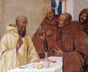 Benedict bryter et glass forgiftet vin og lager korsets tegn. Detaljfreskomaleri av klosteret laget av Antonio Bazzi dit il Sodoma (1477 - 1549) som forteller om livet til Saint Benedict of Nursie (480 - 567) grunnlegger av Benediktinerordenen 1503 - 1508 av Giovanni Antonio Bazzi Sodoma
