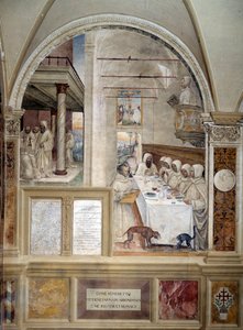 Benedikt får i seg mel i overflod og mater munkenes freskomaleri av klosteret laget av Antonio Bazzi dit il Sodoma (1477 - 1549) som forteller om livet til Saint Benedict of Nursie (480 - 567) grunnlegger av Benediktinerordenen 1503 - 1508 Abbey. Oliveto av Giovanni Antonio Bazzi Sodoma