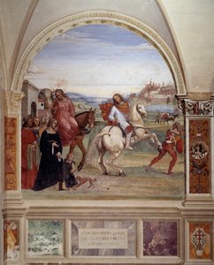 "Hvordan Benedikt forlot sin fars hus og dro til Roma for å studere" (Benedict forlot sin fars hus og dro til Roma for å studere) Klosterfreskomaleri laget av Antonio Bazzi dit il Sodoma (1477-1549) som forteller om livet til den hellige Benedikt av Nursia