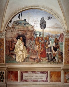 Hvordan Benedikt underviser den hellige læren til bøndene som besøker ham (St. Benedict lærer den hellige læren til bonden som besøker ham) Freske av klosteret laget av Antonio Bazzi dit il Sodoma (1477 - 1549) som forteller om livet til den hellige Benedi av Giovanni Antonio Bazzi Sodoma