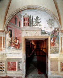 Hvordan Benedict blir til en vinslange, gjemte en tjener for ham. Detalj - freskomaleri av klesdrakten laget av Antonio Bazzi dit il Sodoma (1477 - 1549) som forteller om livet til Saint Benedict of Nursie (480 - 567) grunnlegger av Benediktinerordenen 150 av Giovanni Antonio Bazzi Sodoma