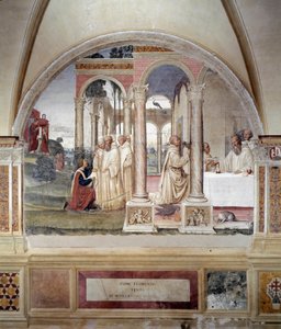Hvordan Florent prøver å forgifte Benoit (Hvordan Fiorenzo prøver å forgifte St. Benedict) - Veggfreskomaleri laget av Antonio Bazzi dit il Sodoma (1477 - 1549) som forteller om livet til Saint Benedict (480 - 567) grunnlegger av Benediktinerordenen 1503 -