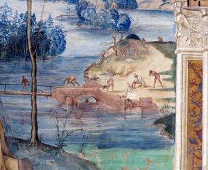 Hvordan Saint Maur går på vannet for å redde Placid (Maurus går på vannet for å redde Placid) - Detaljfreske av klosteret laget av Antonio Bazzi dit il Sodoma (1477-1549) som forteller om livet til Saint Benedict of Nursie (480 - 567) ) grunnlegger av orde av Giovanni Antonio Bazzi Sodoma