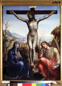 La crucifixion avec la Vierge et Jean Baptiste (Korsfestelsen med Jomfru og døperen Johannes). Inskripsjon ""I.N.R.I."" (INRI) på korset. Maleri av Sodoma (eller Giovanni Antonio Bazzi av Giovanni Antonio Bazzi Sodoma