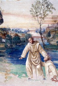 Maur går på vannet for å redde St. Placid Detail Cloister fresco av Antonio Bazzi dit il Sodoma (1477 - 1549) som forteller om livet til Saint Benedict of Nursie (480 - 567) grunnlegger av benediktinerordenen 1503 - 1508 Abbey of Monte Oliveto Maggiore, Fi av Giovanni Antonio Bazzi Sodoma