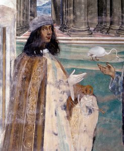 Saint Benedict fikser en ødelagt sil Selvportrett av kunstneren - Detalj Fresco av cloitre realisert av Antonio Bazzi dit il Sodoma (1477 - 1549) som forteller om livet til Saint Benedict of Nursie (480 - 567) grunnlegger av Benediktinerordenen 1503 - 1508 av Giovanni Antonio Bazzi Sodoma