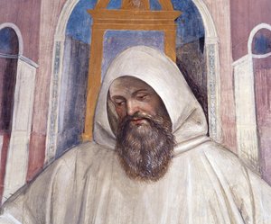 Saint Benedict gir regelen til olivetani-munkene. Detaljfreskomaleri av klosteret laget av Antonio Bazzi dit il Sodoma (1477 - 1549) som forteller om livet til Saint Benedict of Nursie (480 - 567) grunnlegger av Benediktinerordenen 1503 - 1508 Abbey of Mon av Giovanni Antonio Bazzi Sodoma