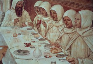 St. Benedict etter å ha fått rikelig med mel og matet munkene, detalj fra St. Benedikts liv