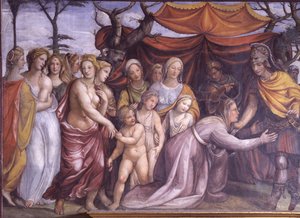 Sala delle Nozze di Alessandro e Rossana Hall av ekteskapet til Alexander den store 356-323 f.Kr. og Roxanne detalj av Alexander med familien til Darius III, ca. 1513 fresco av Giovanni Antonio Bazzi Sodoma